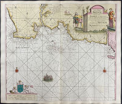 Van Keulen, Rare - Coastal Chart of Brittany. This extraordinary, originally hand-colored map is 