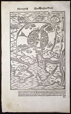 Munster, pub. 1598 - View of Tunis, Tunisia, Africa. This very old woodcut is from Sebastian 