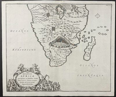 Kircher, pub. 1682 - Map of South Africa with Madagascar. This scientific engraving is 
