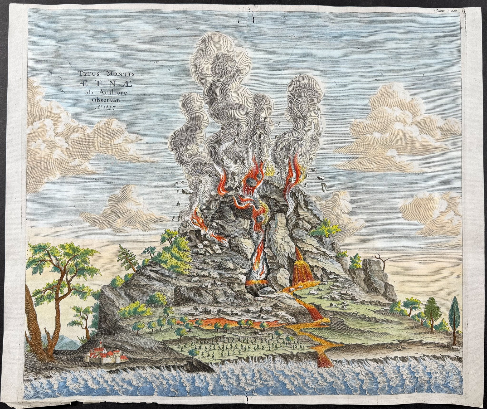 Kircher, pub. 1682 - Mount Etna, Volcano Erupting