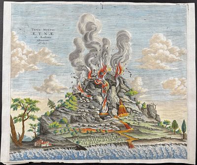 Kircher, pub. 1682 - Mount Etna, Volcano Erupting. This scientific engraving is Athanasius 