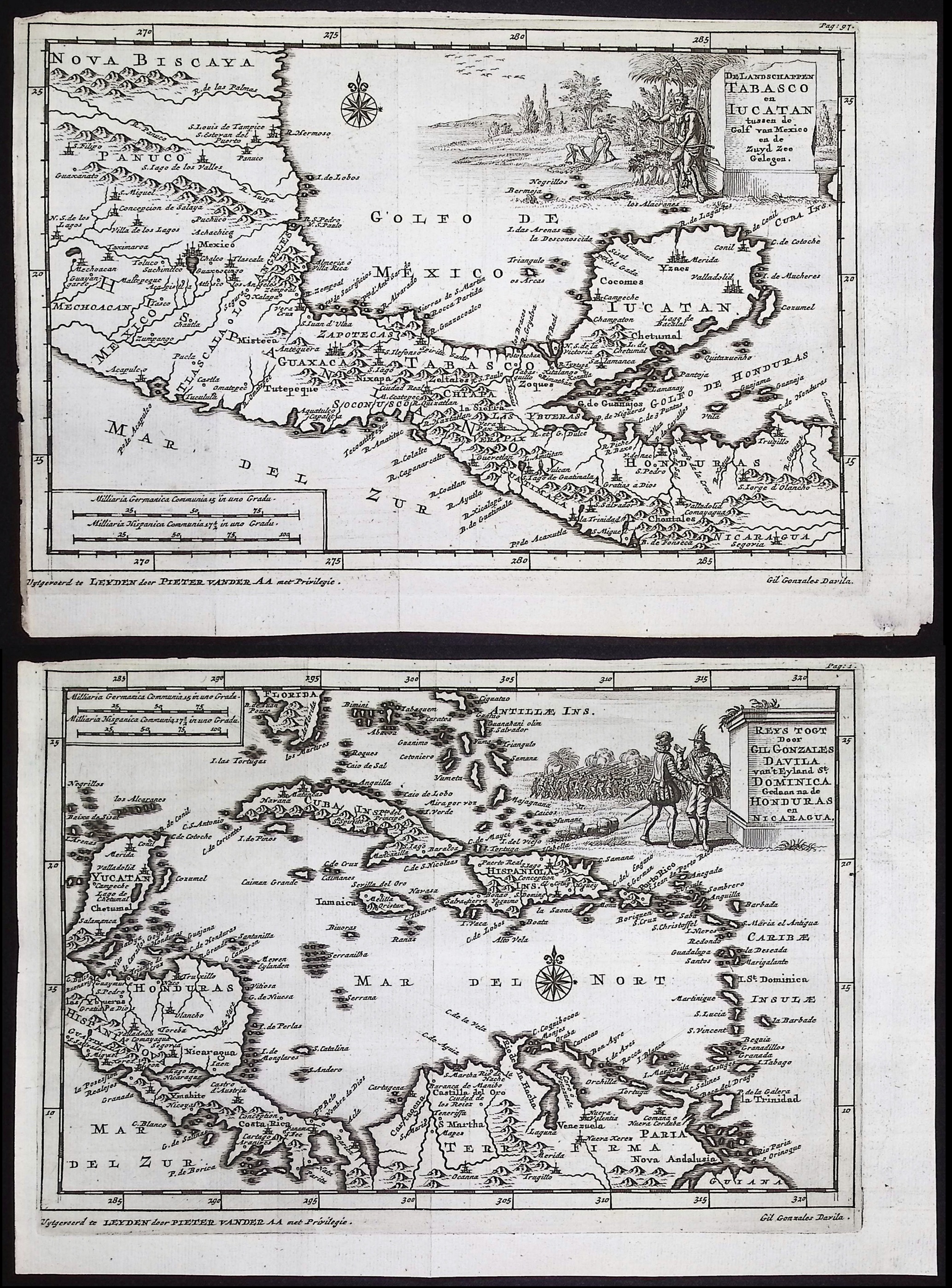 Van der Aa - 7 Engravings of Central America, West Indies, Mexico