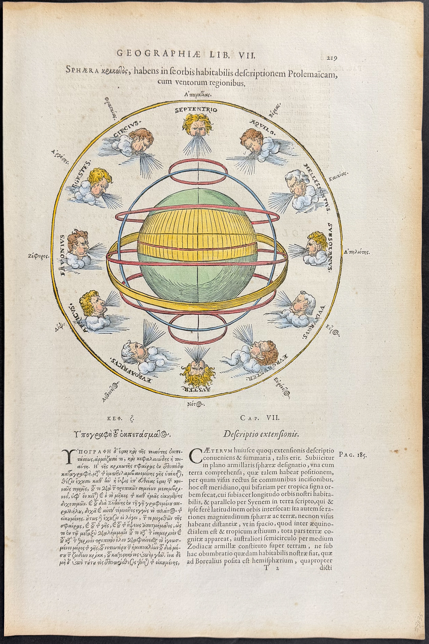 Bertius's Ptolemy, pub. 1618 - Diagram of the Earth with Windheads