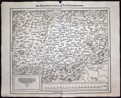 Munster, pub. 1574 - Map of Transylvania, Romania. This very old woodcut is from Sebastian 