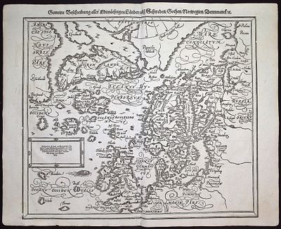 Munster, pub. 1574 - Map of the North Sea with Greenland, America, Scandinavia, British Isles. Th 