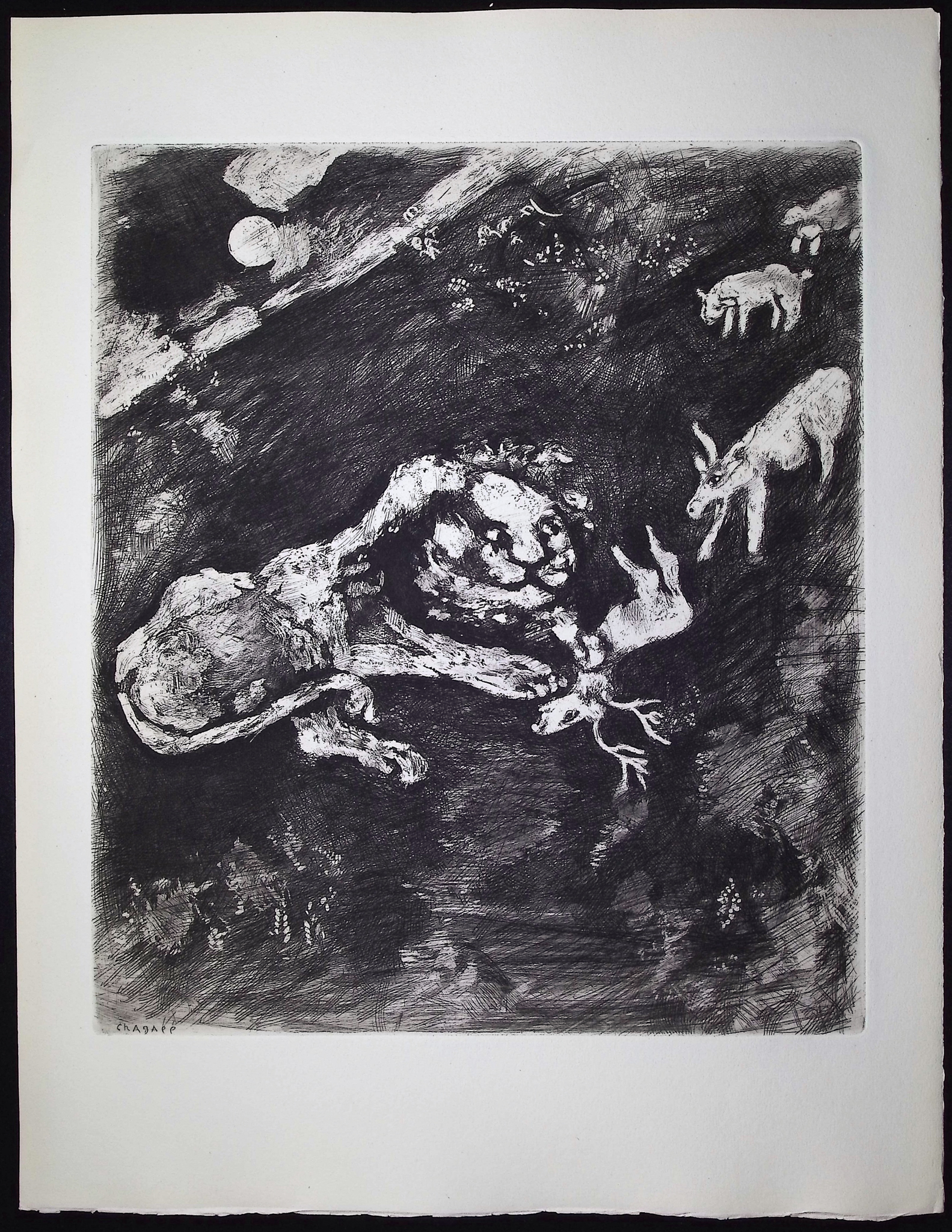 Chagall & Fontaine's Fables - The Heifer, the Goat, and the Ewe in Partnership with the Lion [La Genisse, la Chevre & la Brebis en societe a