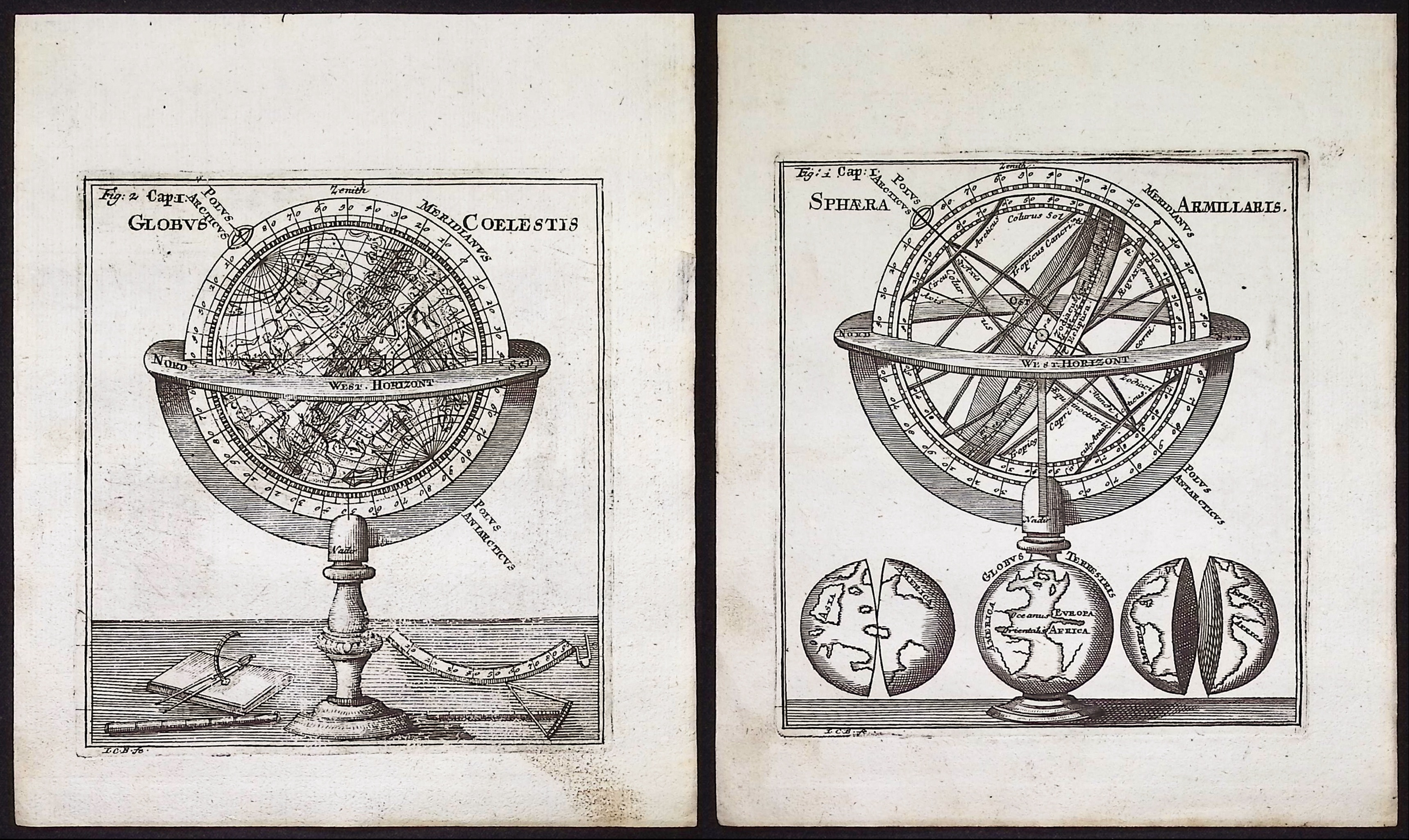Thomas - Pair of Globe Engravings (Armillary Sphere, Constellation Chart)