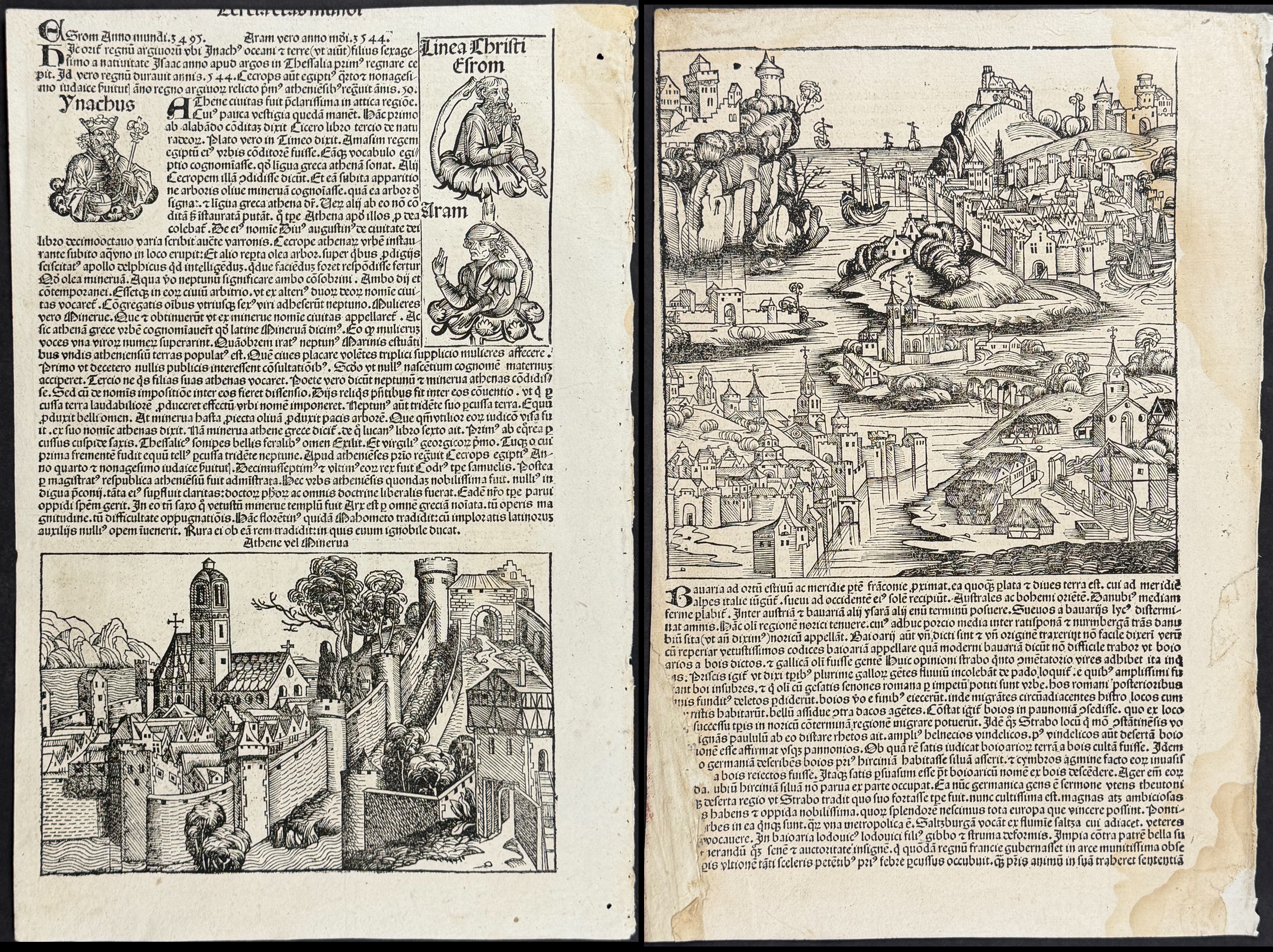 Schedel, pub. 1493 - 9 Pages with Text & Images of Historical Figures, Towns, Scenes
