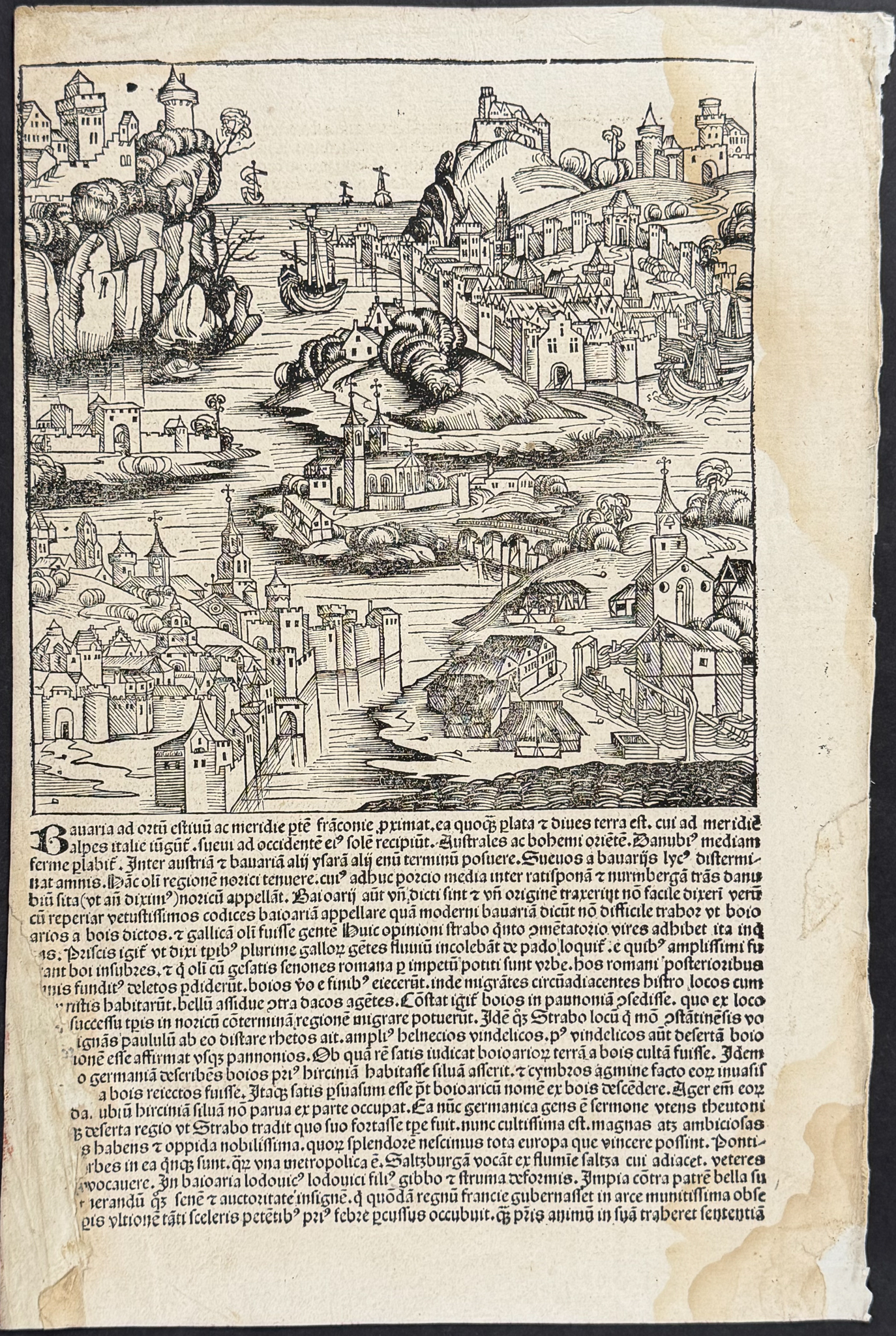 Schedel, pub. 1493 - 9 Pages with Text & Images of Historical Figures, Towns, Scenes
