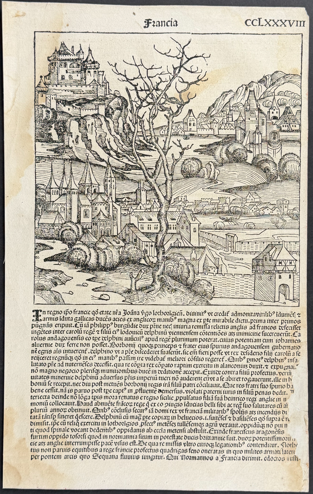 Schedel, pub. 1493 - 9 Pages with Text & Images of Historical Figures, Towns, Scenes