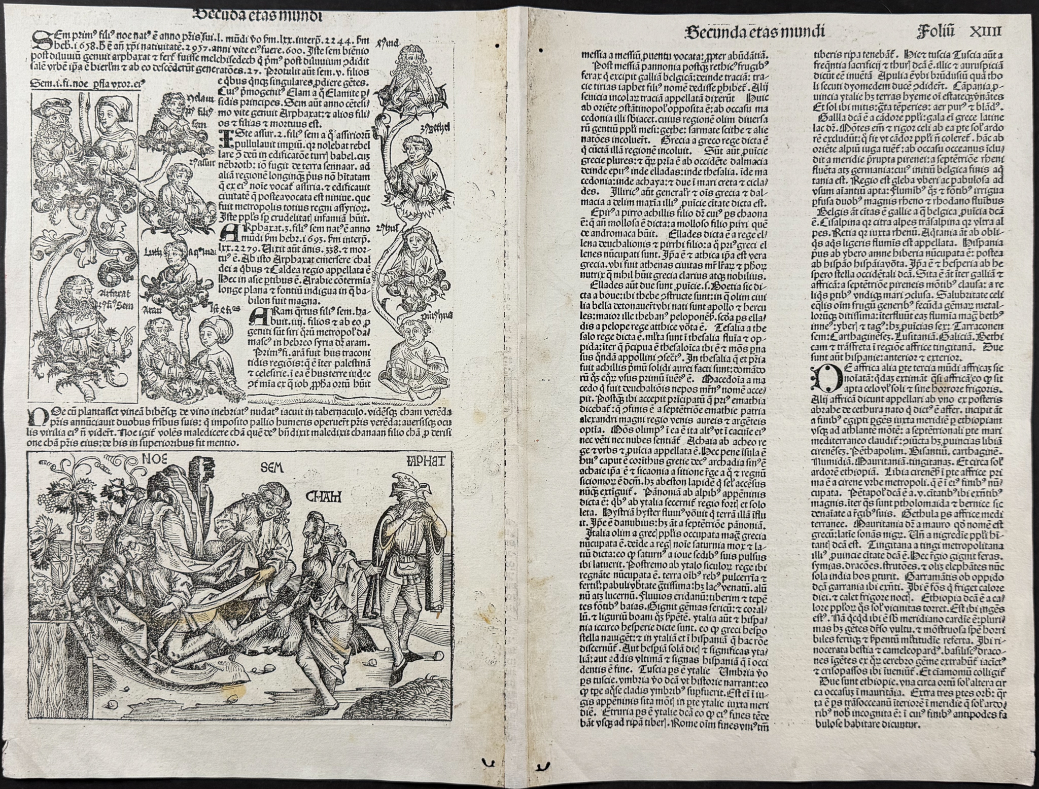 Schedel, pub. 1493 - Depiction of Genesis 9:20-27, including Noah, Shem, Ham, & Japheth / Verso: Lineage of Noah after the Great Flood