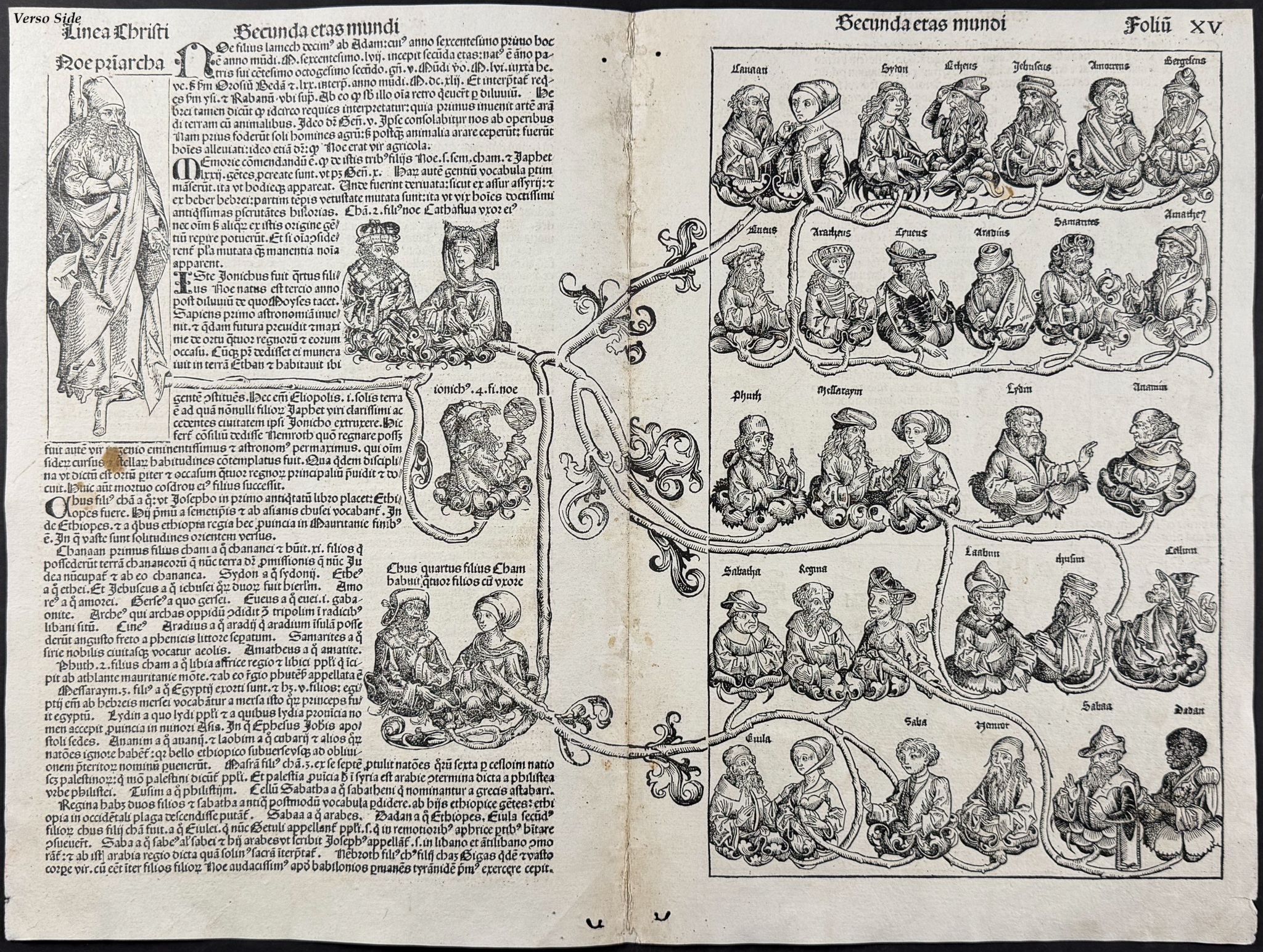 Schedel, pub. 1493 - Depiction of Genesis 9:20-27, including Noah, Shem, Ham, & Japheth / Verso: Lineage of Noah after the Great Flood