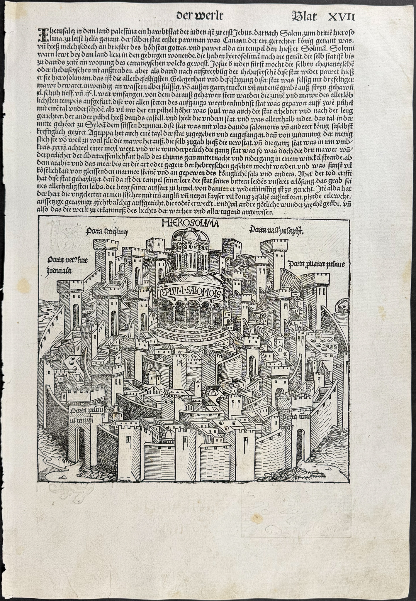 Schedel, pub. 1493 - View of Jerusalem, Israel, Holy Land / Verso: Building Temple, People