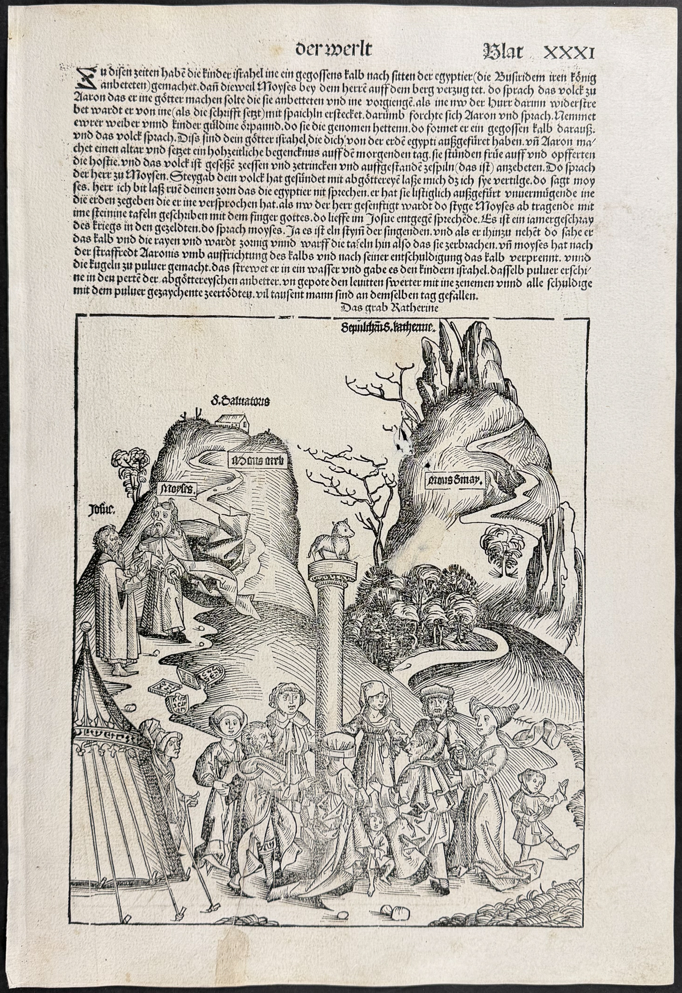 Schedel, pub. 1493 - Golden Calf / Verso: Angels sealing the Arc of the Covenant