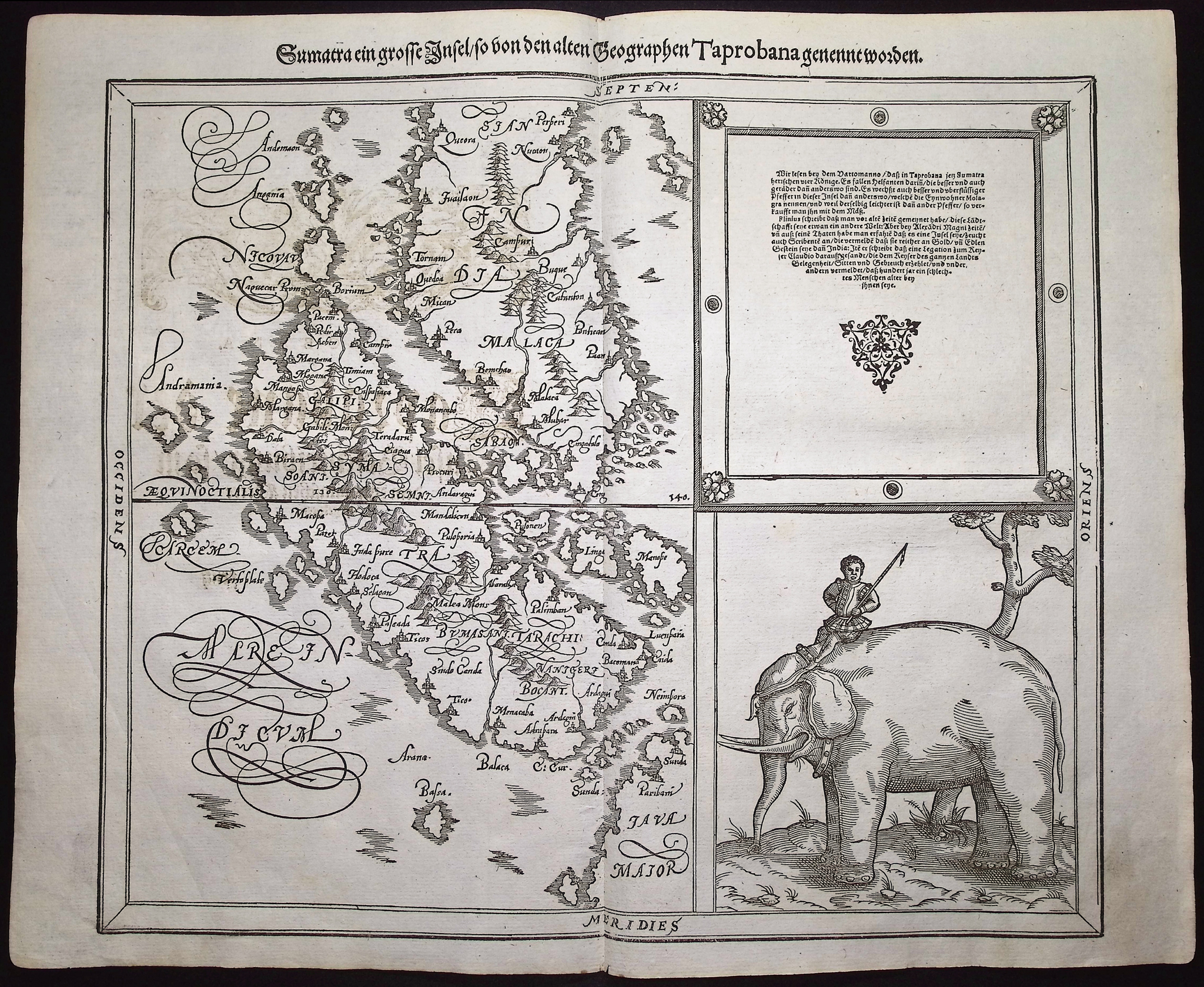 Munster, pub. 1592 - Map of Taprobana, Island in Sumatra, with inset of Elephant