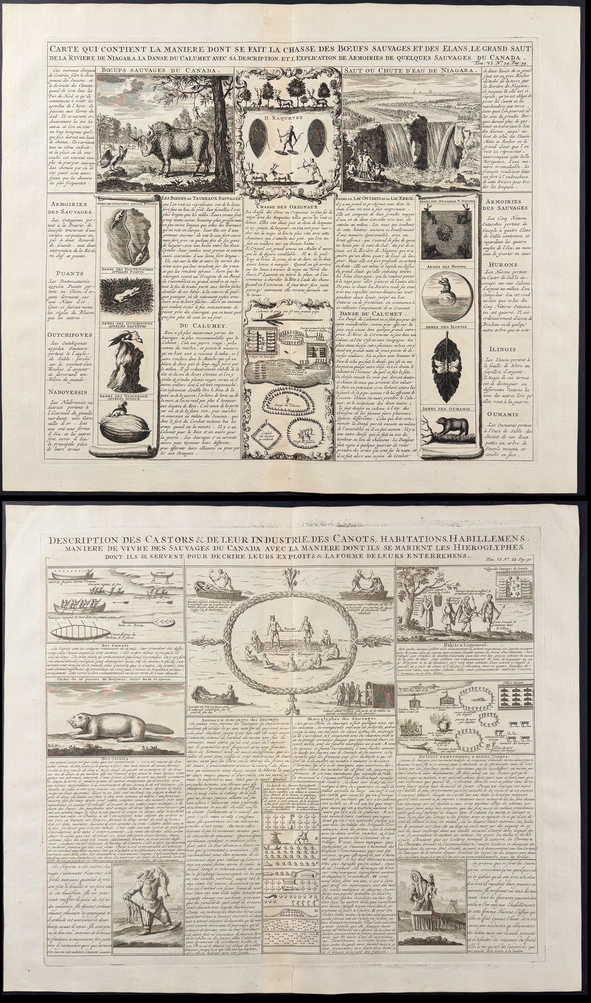 Chatelain - Pair of Engravings of America (Niagara Falls, Buffalo, Native Americans, Beaver, Hunting)