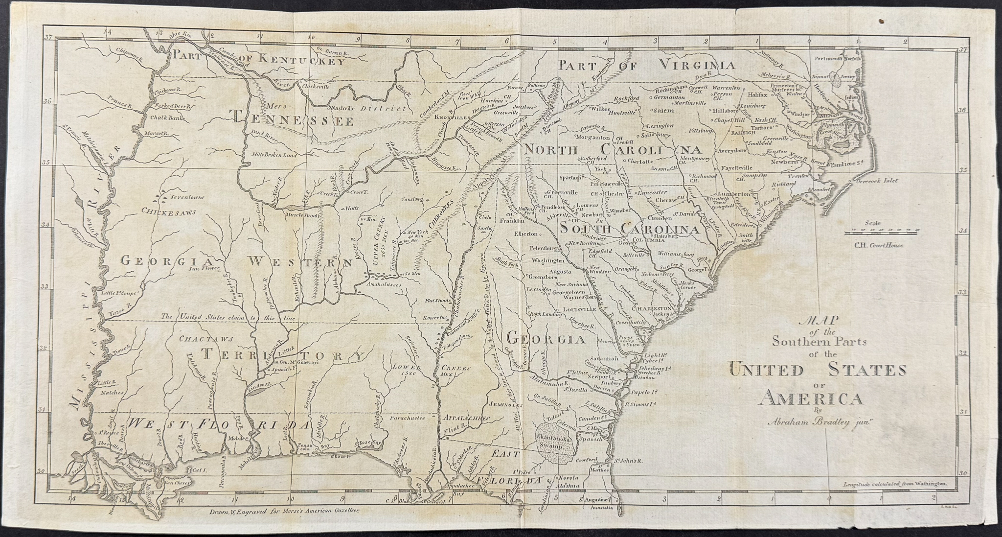 Morse - Map of the Southern Parts of the United States of America by Abraham Bradley (Virginia, Carolinas, Georgia, Florida, Tennessee, Kent