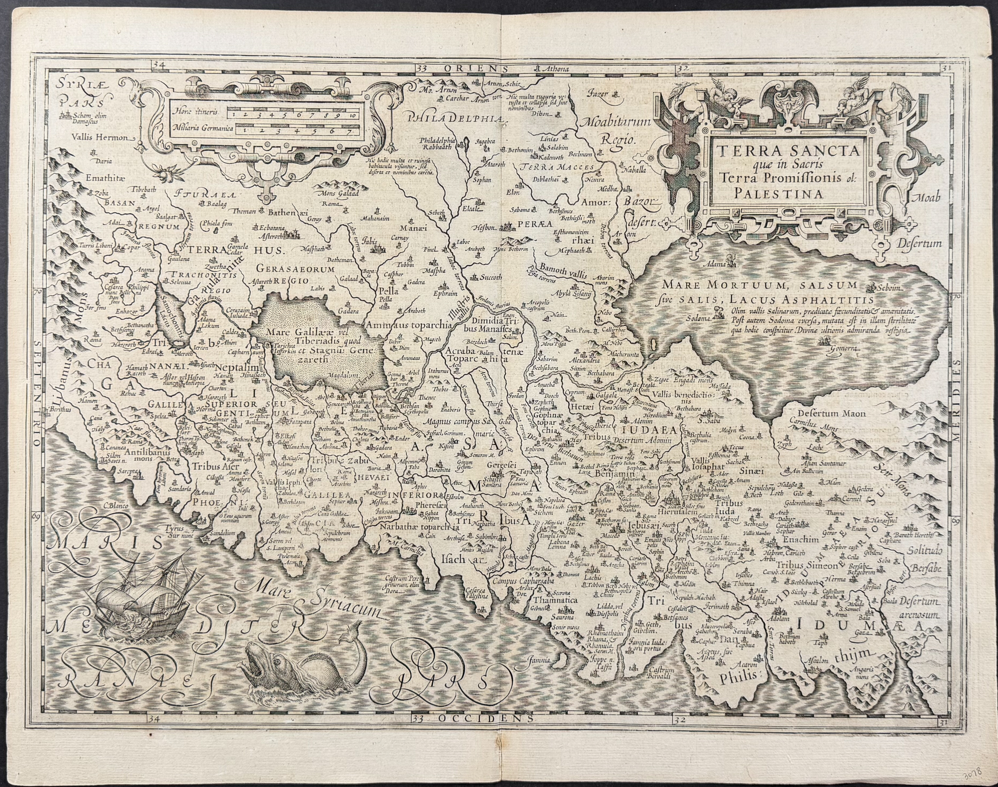 Bertius's Ptolemy, pub. 1618 - Map of the Holy Land, Palestine (Sea Monster, Ship)