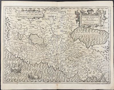 Bertius's Ptolemy, pub. 1618 - Map of the Holy Land, Palestine (Sea Monster, Ship). This 