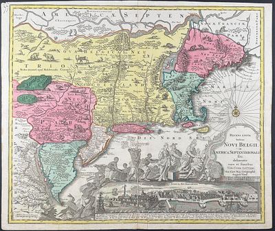 Seutter - Map of New England [Recens edita totius Novi Belgii in America Septentrionali]. This 