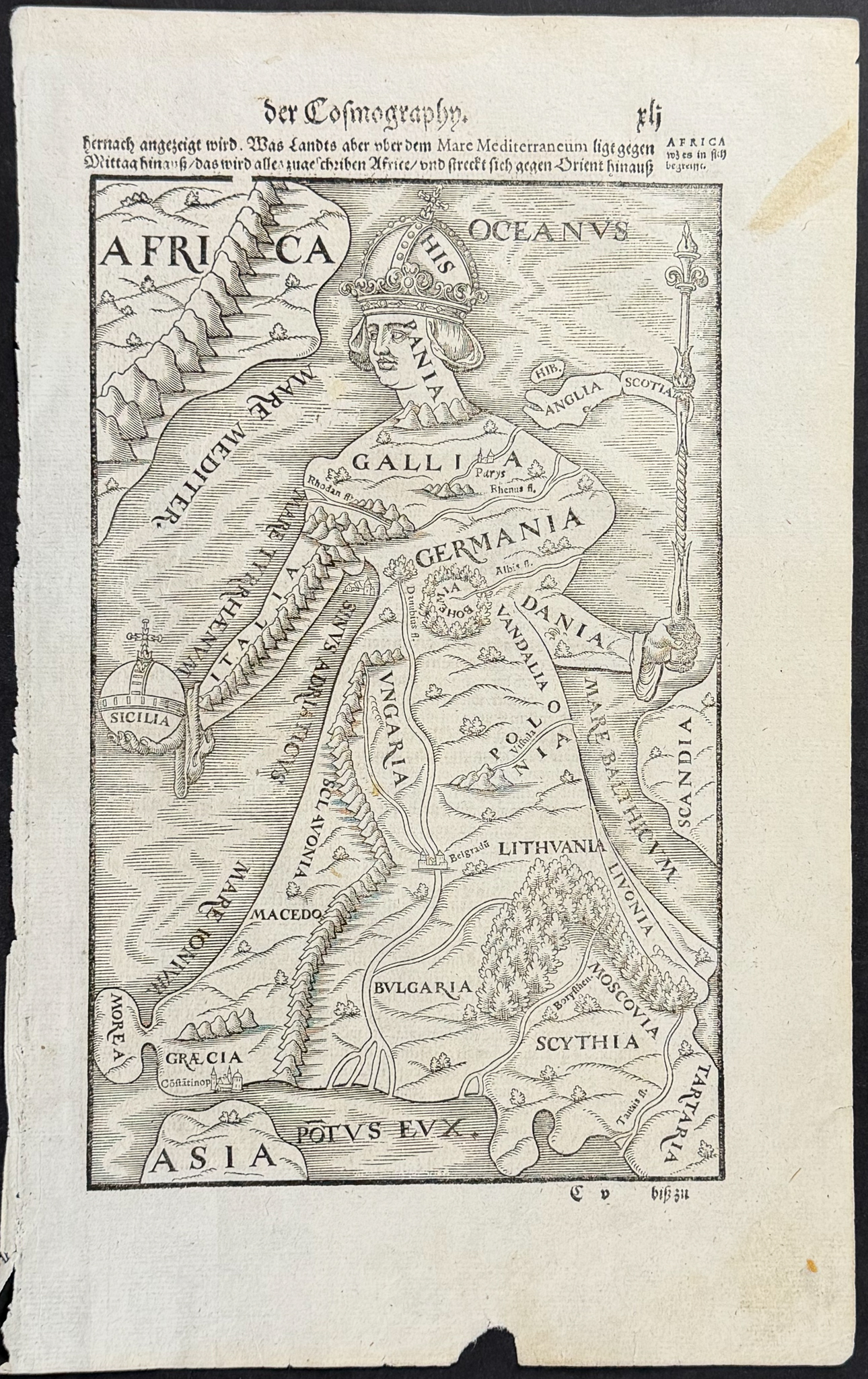 Munster, pub. 1592 - Map of Europe; Europa Regina; Queen Europe