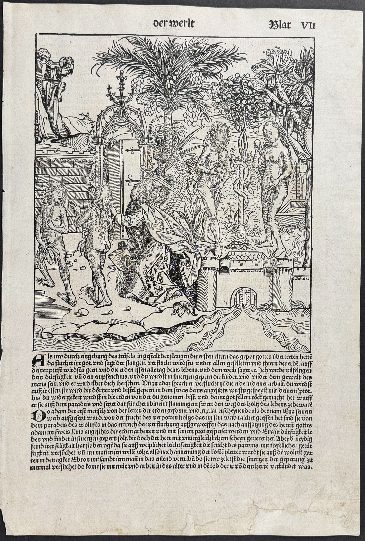 Schedel, pub. 1493 - Expulsion of Adam & Eve from the Garden of Eden (Illustrated by Michael Wolgemut)