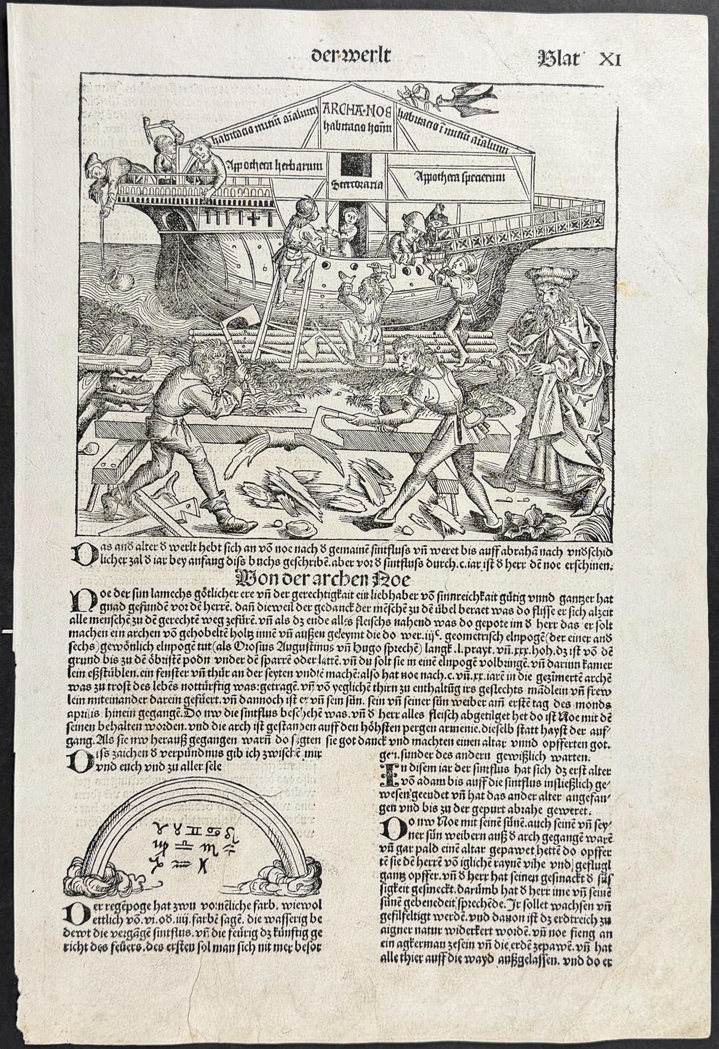 Schedel, pub. 1493 - Building Noah's Ark, Rainbow