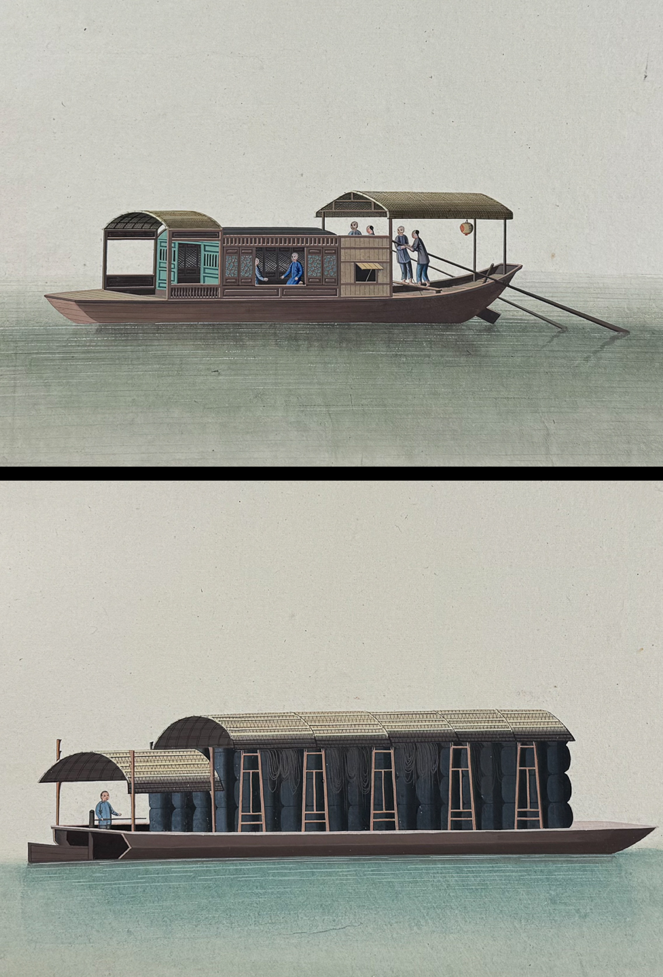 Pair of Original Watercolors of Chinese Boats or Junks