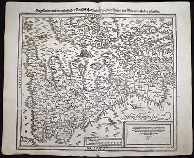 Munster, pub. 1592 - Map of England (part of Scotland & Ireland). This very old woodcut is from 