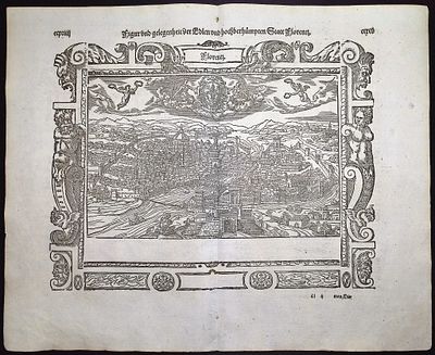 Munster, pub. 1592 - View of Florence, Italy. This very old woodcut is from Sebastian Munster's 