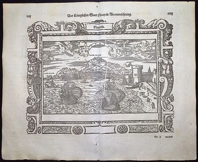 Munster, pub. 1592 - View of Naples, Italy. This very old woodcut is from Sebastian Munster's 