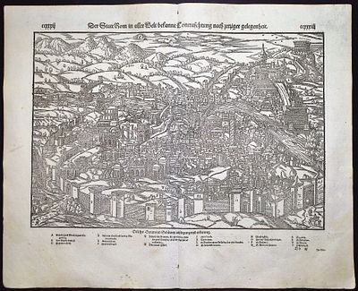 Munster, pub. 1592 - View of Rome, Italy. This very old woodcut is from Sebastian Munster's 