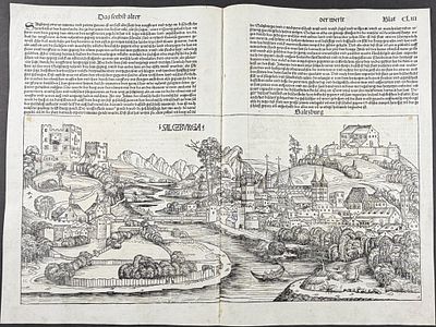 Schedel, pub. 1493 - View of Salzburg, Austria. This important and historic engraving is from 