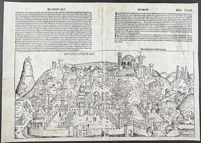Schedel, pub. 1493 - View of Jerusalem, Israel. This important and historic engraving is from 