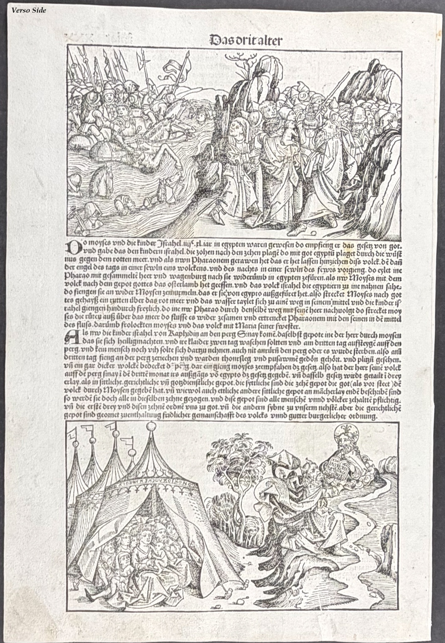 Schedel, pub. 1493 - Moses Parts the Red Sea & Receives the Ten Commandments / Verso: Balaam & the Ass
