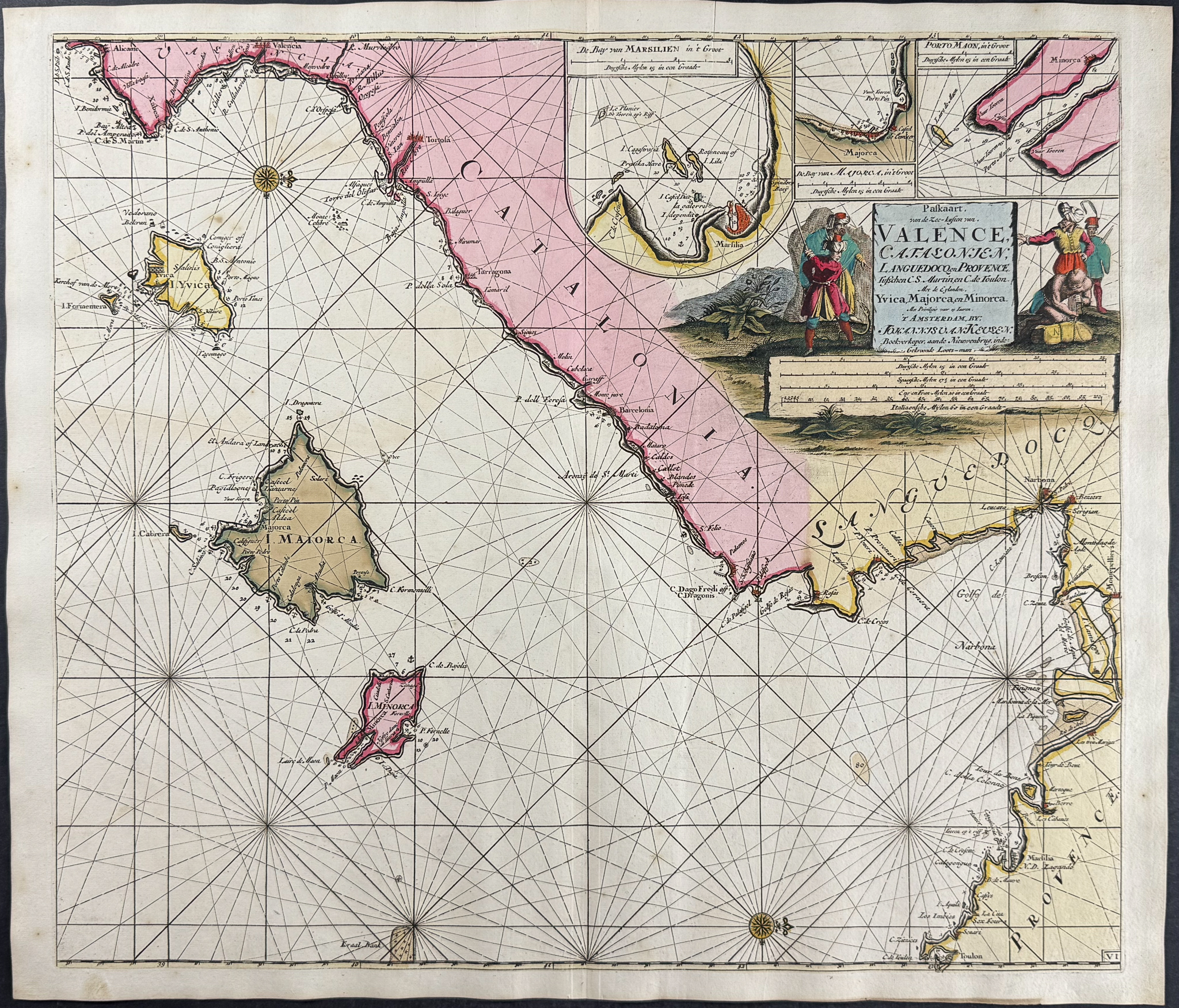 Keulen, Rare - Map of the coast of Valencia, Catalonia, Languedoc, and Provence, and the islands of Majorca, Minorca and Ibiza