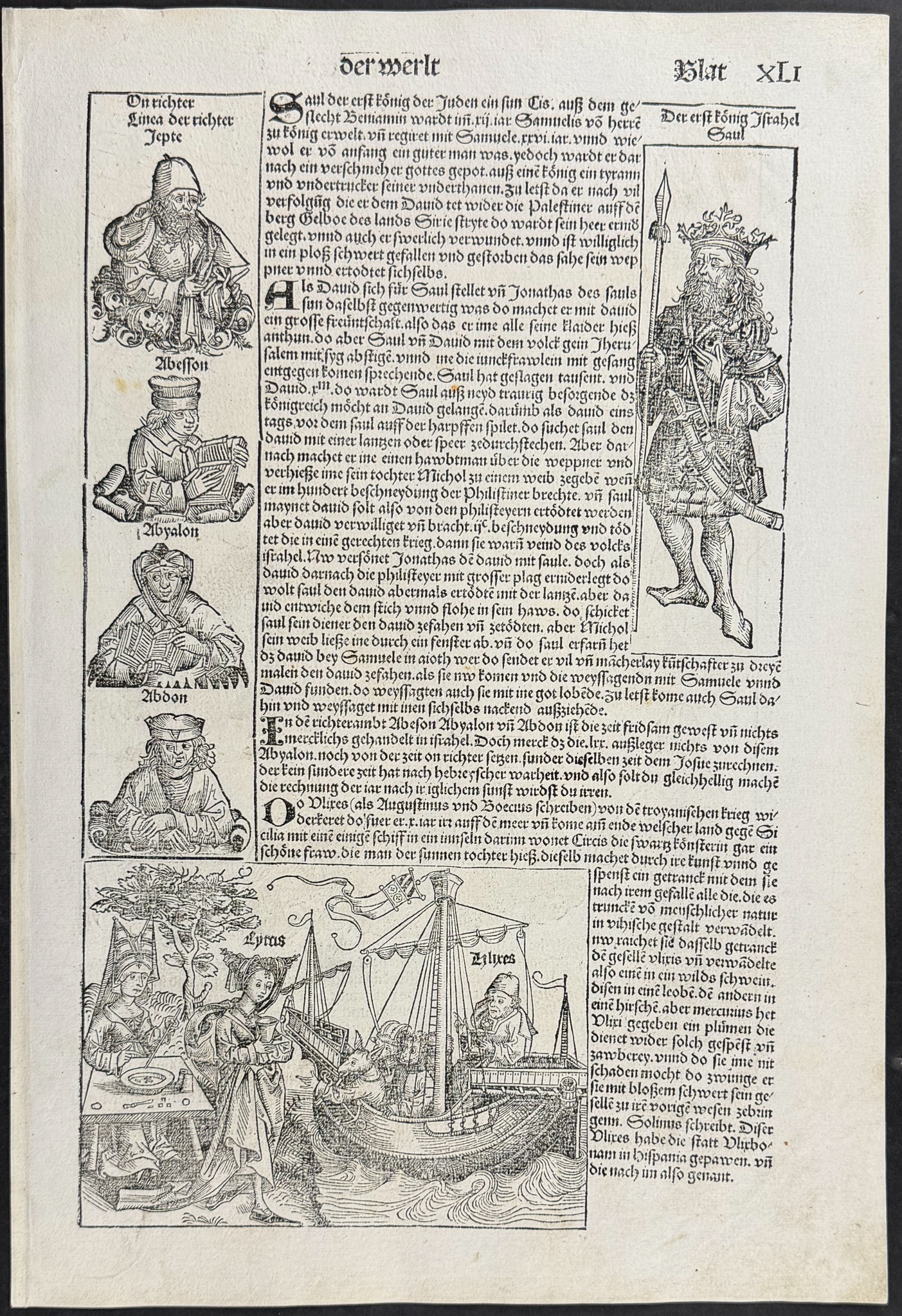 Schedel, pub. 1493 - Depictions of King Saul & Circe & Ulysses / Verso: Religious & Historic Figures
