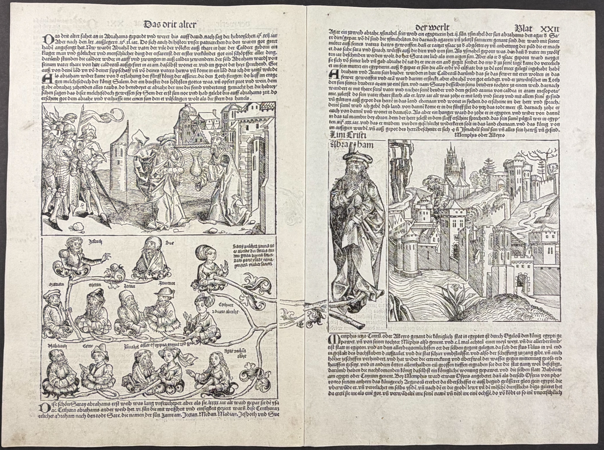 Schedel, pub. 1493 - 3 Pages with Views and Historical Depictions of Abraham