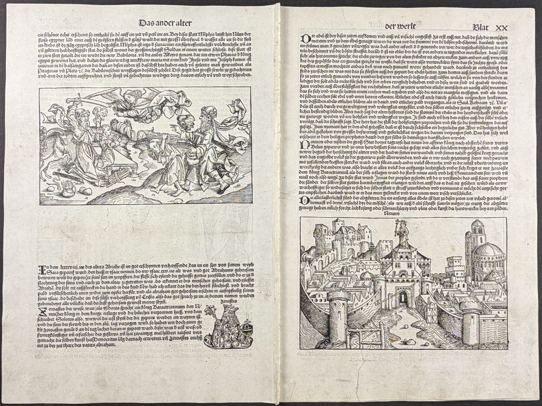 Schedel, pub. 1493 - 3 Pages with Views and Historical Depictions of Abraham