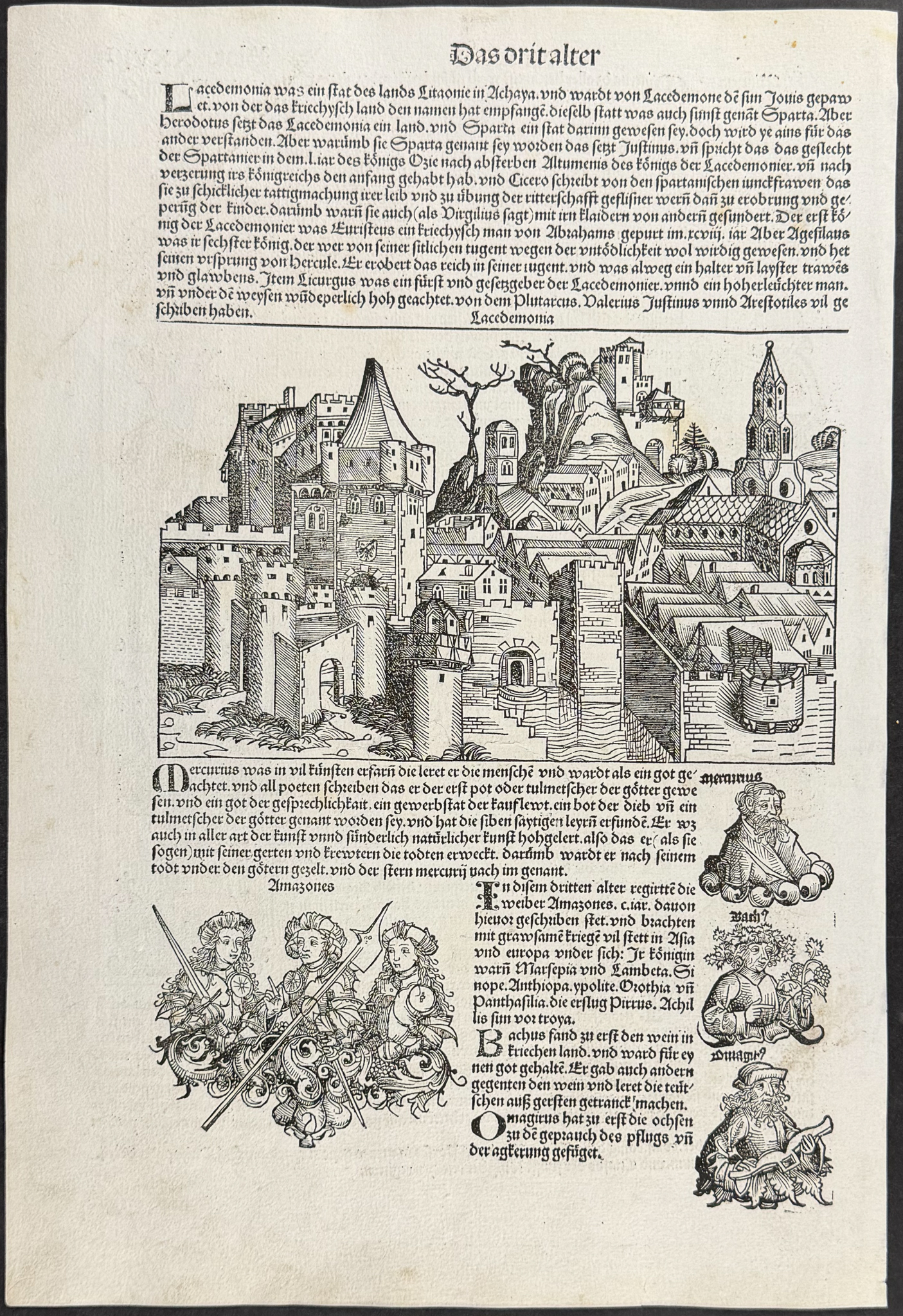 Schedel, pub. 1493 - View of Laconia (Lacedaemonia), Sparta, Greece / Verso: Religious & Historic Figures