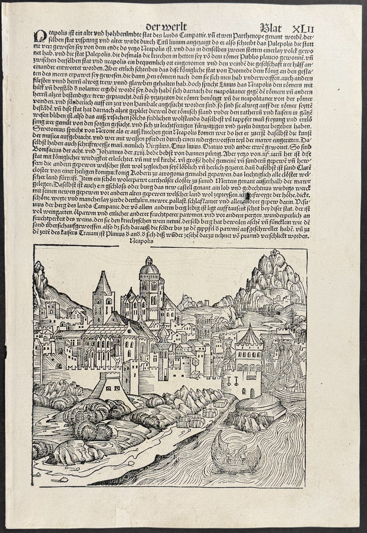 Schedel, pub. 1493 - View of Naples, Italy / Verso: Lineage Chart