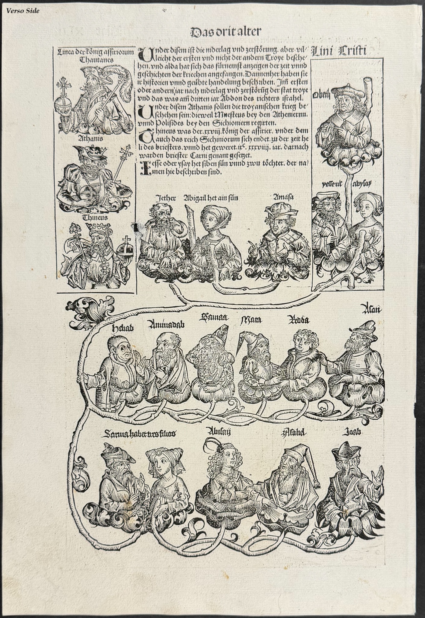 Schedel, pub. 1493 - View of Naples, Italy / Verso: Lineage Chart