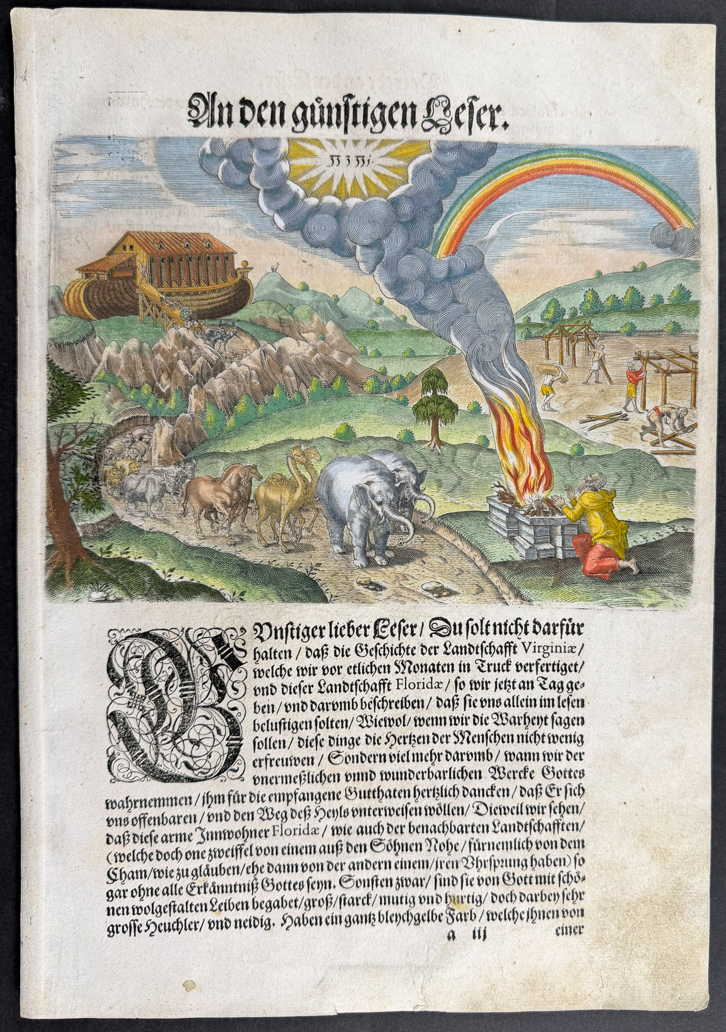 De Bry - Florida - Noah's Ark After The Flood - The Procession of Animals (Apparently landing in Florida) (Rainbow, Message from God)