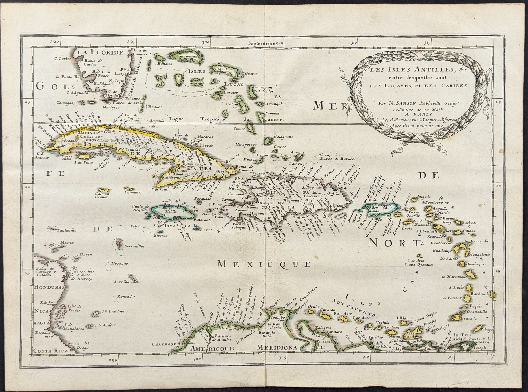 Sanson - Map of the Antilles Islands or West Indies (part of Florida)