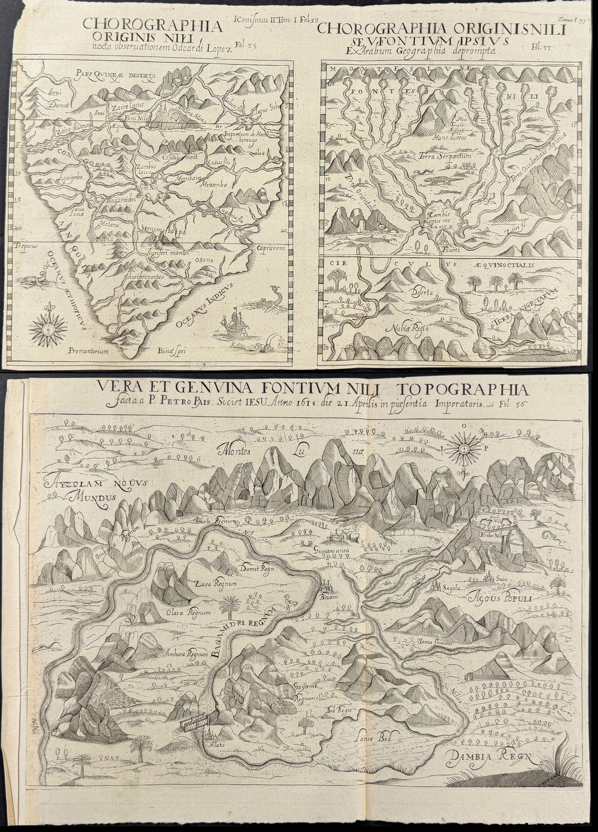 Kircher, pub. 1682 - Three Maps to Two sheets of the Origin & Topography of the Nile River, Africa (Kircher the first to describe the findin