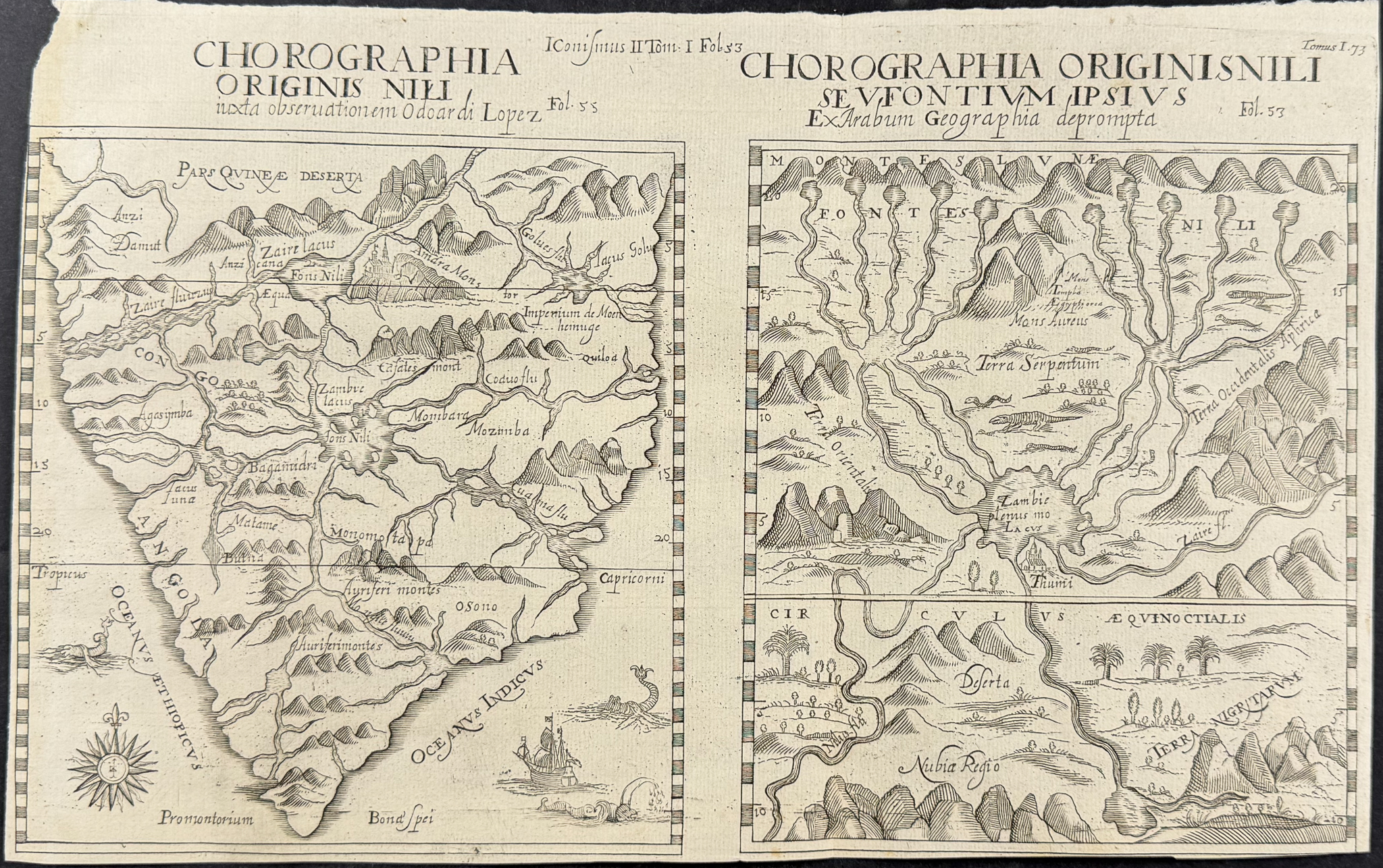 Kircher, pub. 1682 - Three Maps to Two sheets of the Origin & Topography of the Nile River, Africa (Kircher the first to describe the findin