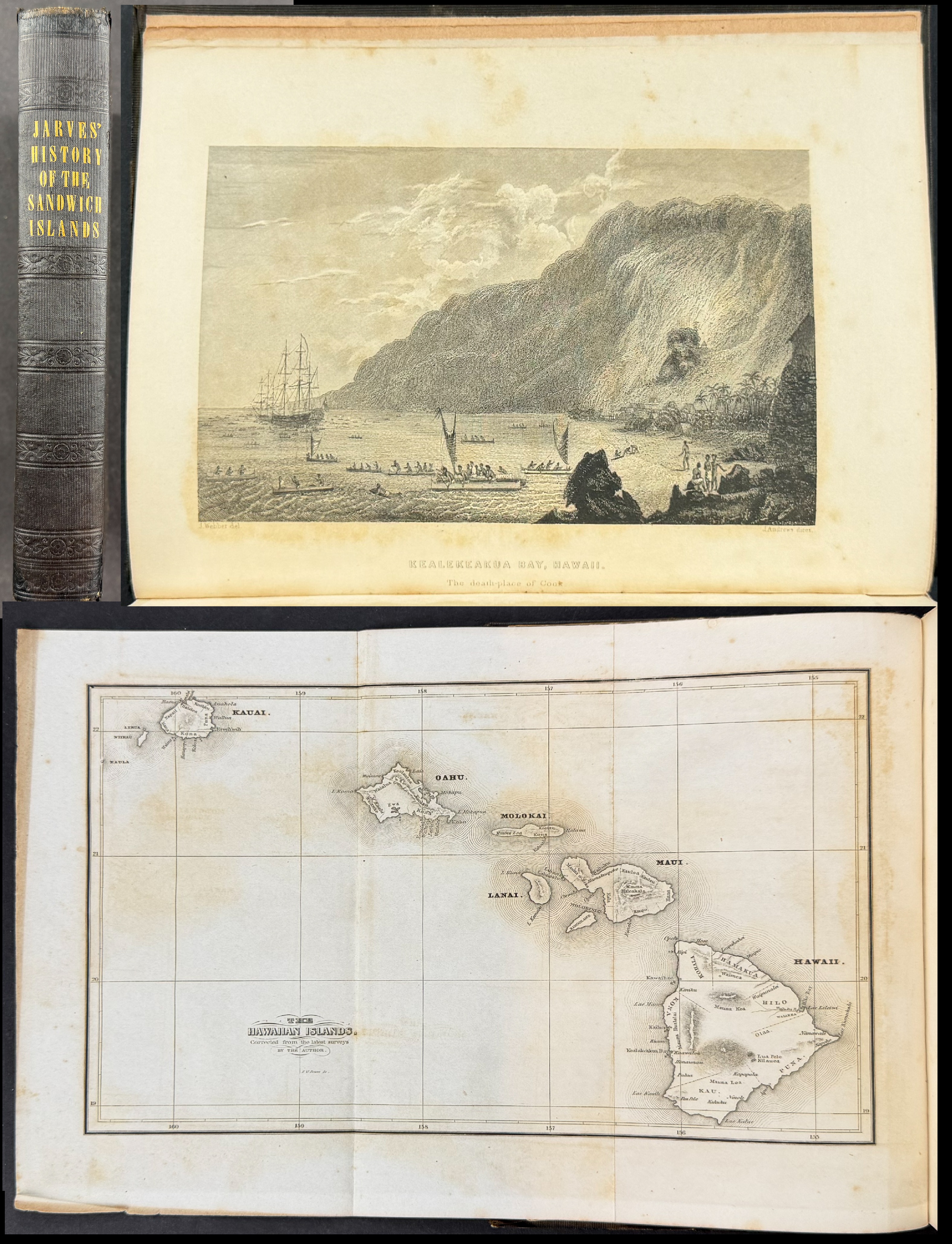 Jarves's History of the Hawaiian or Sandwich Islands - Volume with 3 Engravings (Plate + Map + Frontispiece) & Numerous in-text Illustration