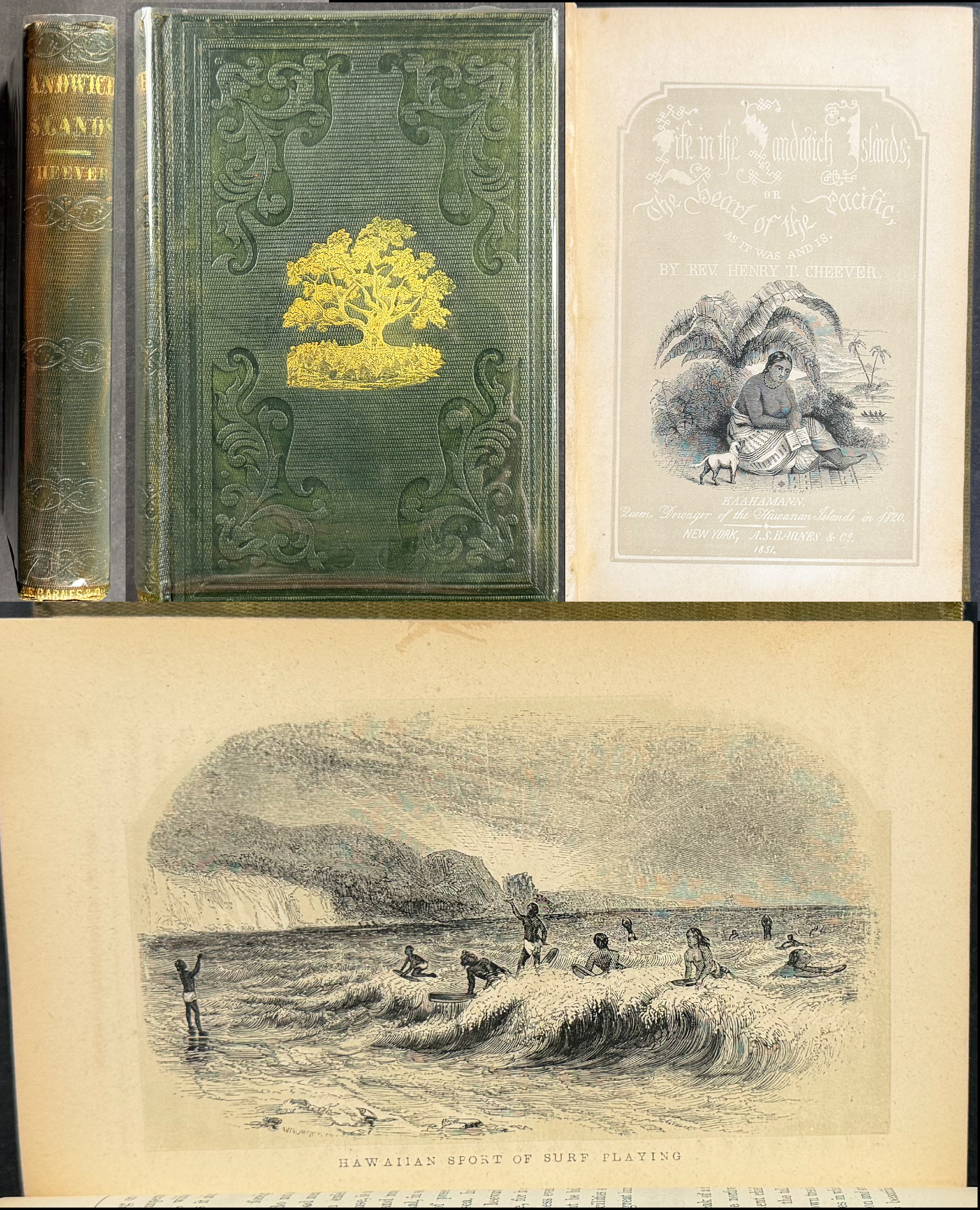 Cheever's Life in the Sandwich Islands - Volume with 6 Wood Engravings + Map (First Printed View of Surfing)