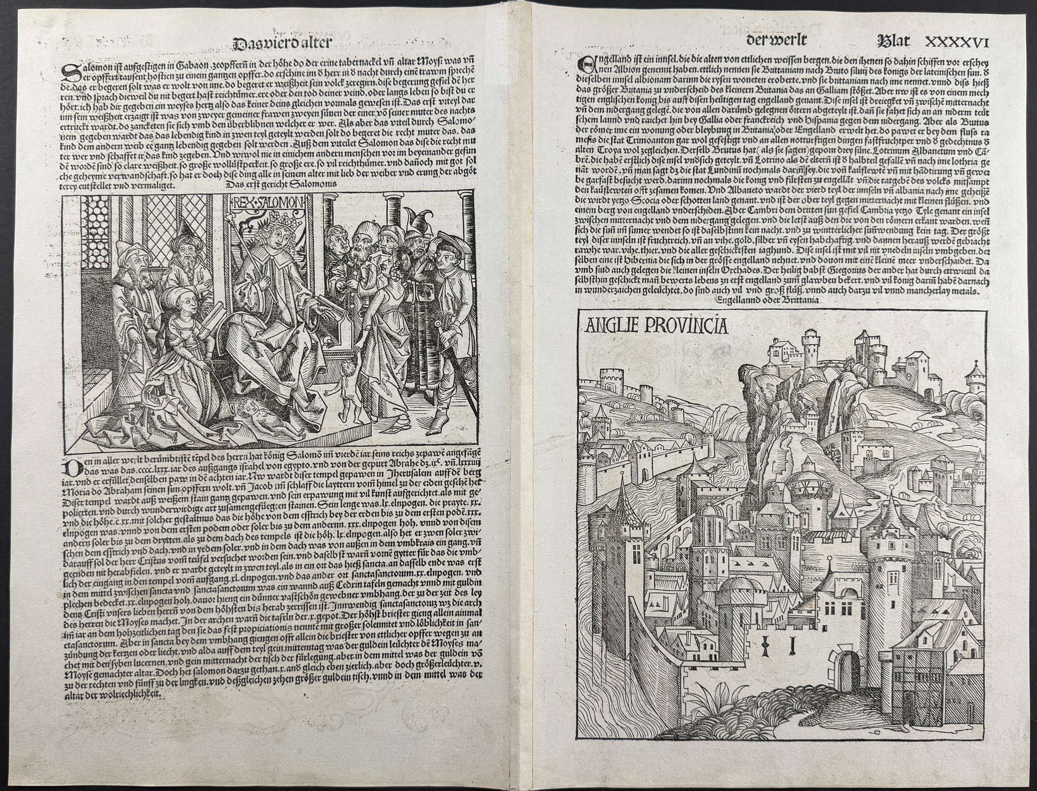 Schedel, pub. 1493 - Judgement of Solomon & English Town / Verso: Lineage of Christ