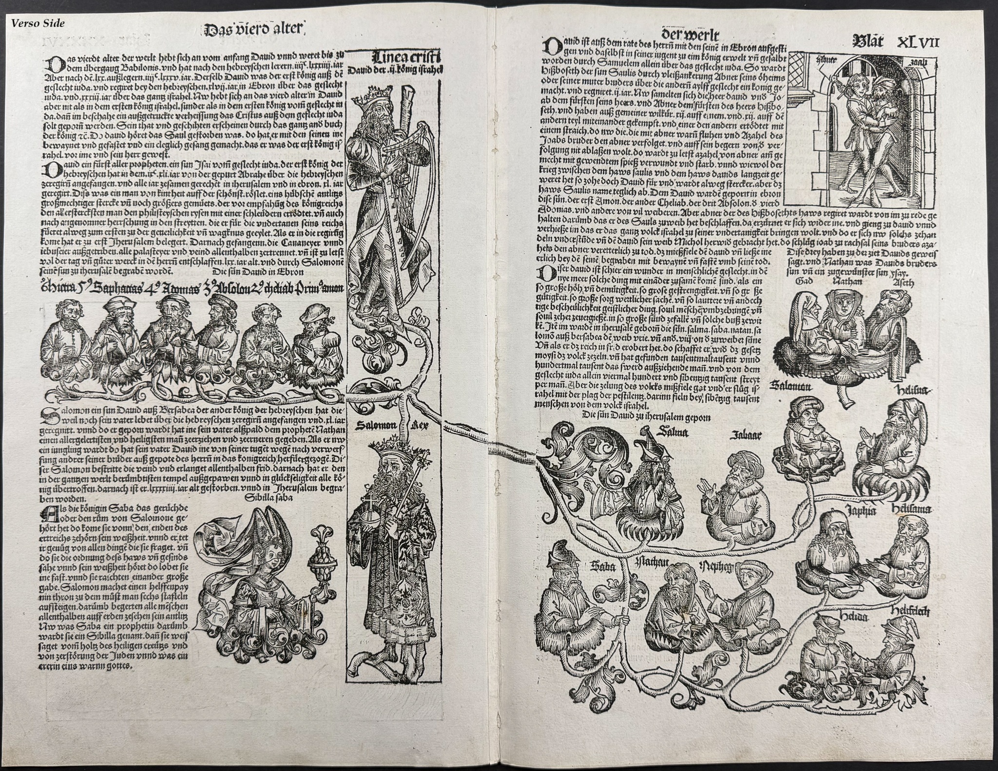 Schedel, pub. 1493 - Judgement of Solomon & English Town / Verso: Lineage of Christ